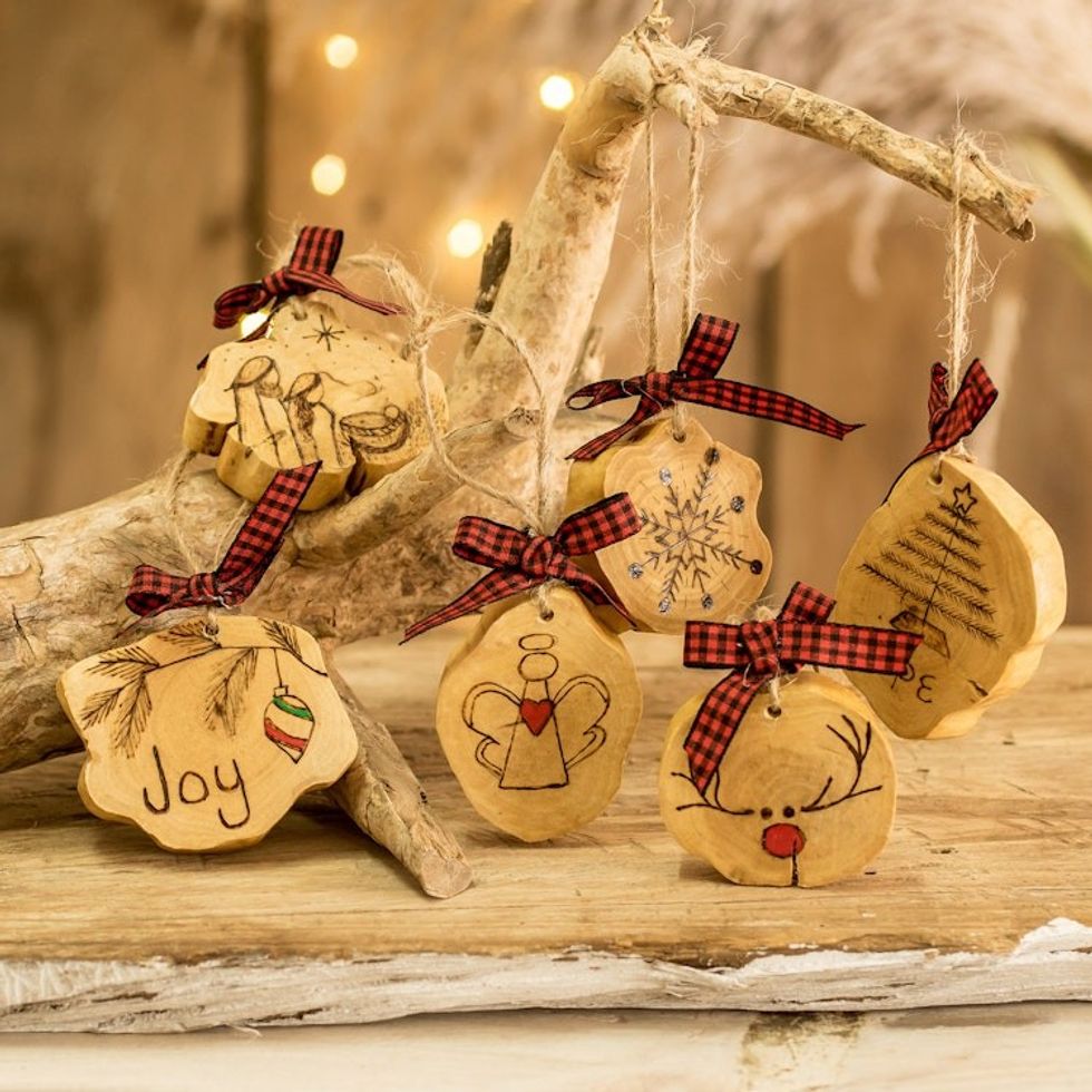 Christmas-Themed Coffee Tree Wood Ornaments Set of 6 'Sweet Eve'