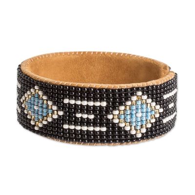 Alternate image for Black and Blue Glass Beaded Cuff Bracelet with Leather Altar Diamonds