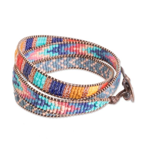 Alternate image for Multicolor Glass Beaded Wrap Bracelet with Geometric Motifs Streets of Antigua