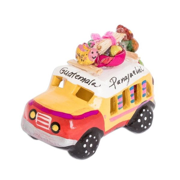 Alternate image for Yellow and Red Ceramic Mini Bus Figurine from Guatemala Petite Old Time Market Bus