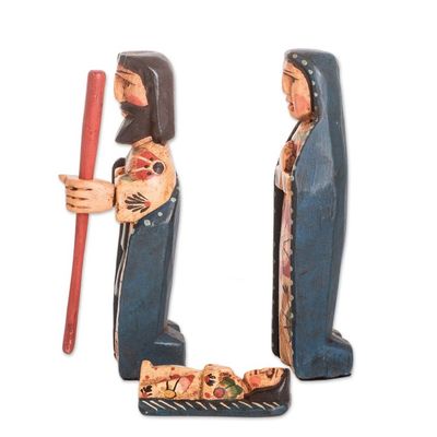 Alternate image for Set of 3 Handcrafted Pinewood Statuettes with Floral Details A Holy Family
