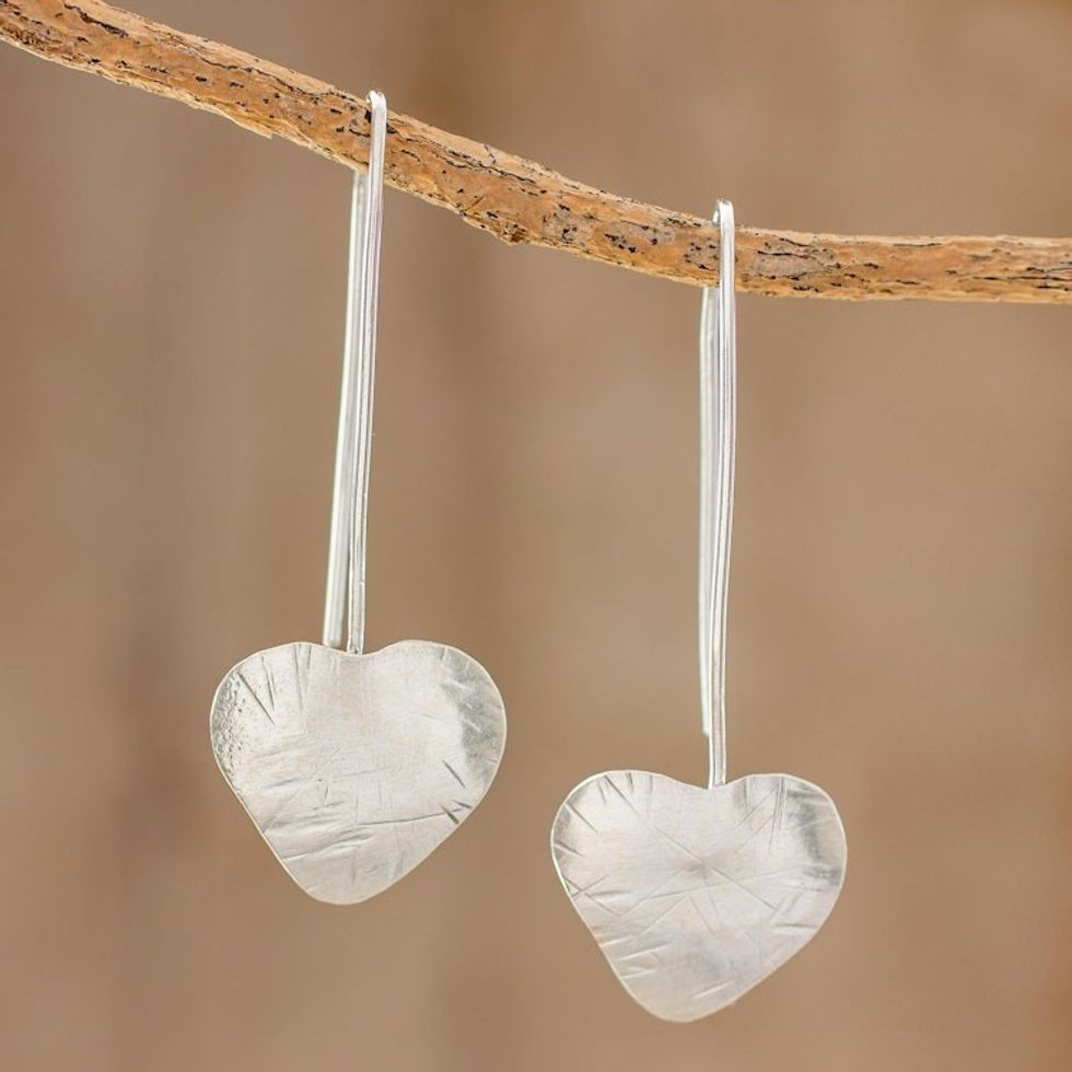 Handcrafted Heart Shape Sterling Silver Drop Earrings 'Valentine Flora'