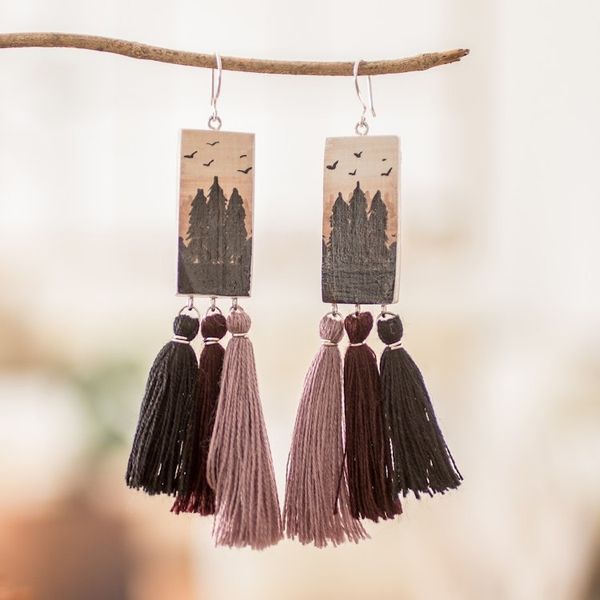 Alternate image for Hand-Painted Cedarwood Dangle Earrings with Tassels Beloved Forests