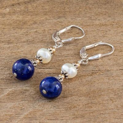 Alternate image for Lapis Lazuli and Cultured Pearl Earrings Blue and White