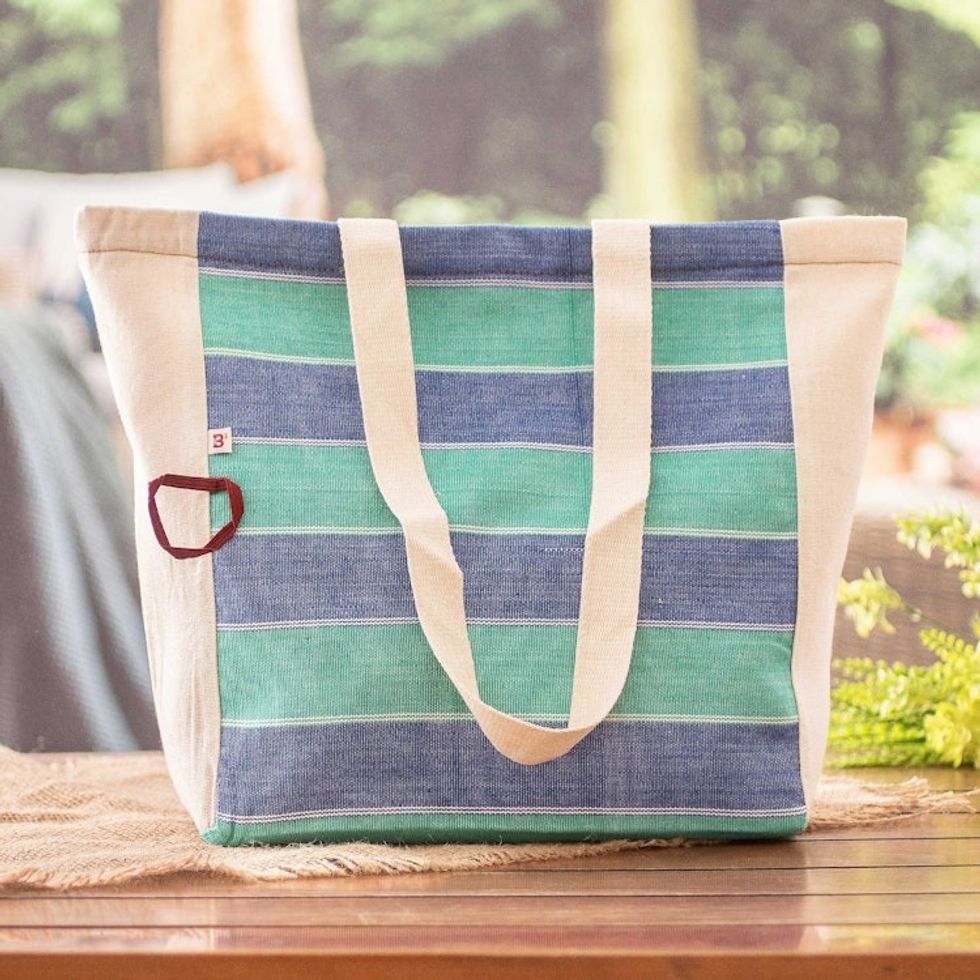 Striped Foldable Cotton Tote Bag Hand-Woven in Guatemala 'Pearls'