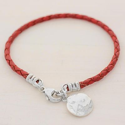 Alternate image for 999 Silver Red Leather Charm Wristband Bracelet Guatemala Walk of Life in Red