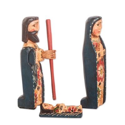 Alternate image for Set of 3 Handcrafted Pinewood Statuettes with Floral Details A Holy Family