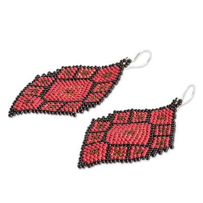 Alternate image for Geometric Beaded Dangle Earrings in Red and Black Hues Rhombus Trend in Red