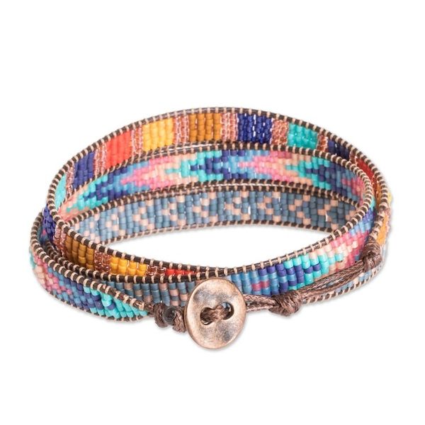 Alternate image for Multicolor Glass Beaded Wrap Bracelet with Geometric Motifs Streets of Antigua