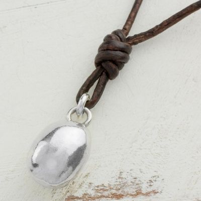 Alternate image for Fine Silver Guatemalan Pendant Necklace with Leather Cord Shimmering Egg