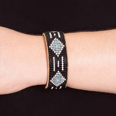 Alternate image for Black and Blue Glass Beaded Cuff Bracelet with Leather Altar Diamonds
