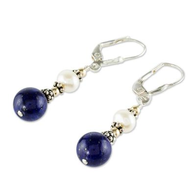 Alternate image for Lapis Lazuli and Cultured Pearl Earrings Blue and White