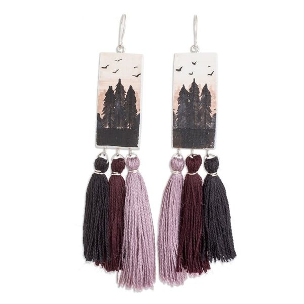 Alternate image for Hand-Painted Cedarwood Dangle Earrings with Tassels Beloved Forests