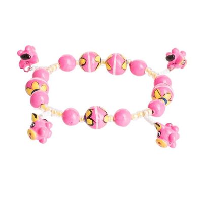 Alternate image for Handcrafted Ceramic Beaded Stretch Bracelet in Pink Little Pink Pigs