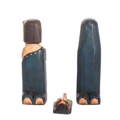 Alternate image for Set of 3 Handcrafted Pinewood Statuettes with Floral Details A Holy Family