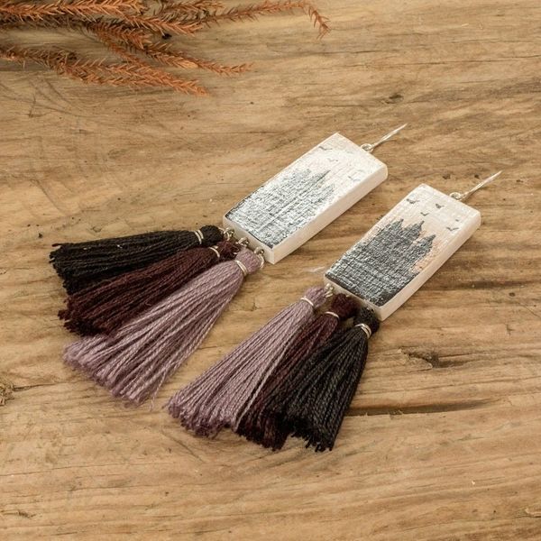 Alternate image for Hand-Painted Cedarwood Dangle Earrings with Tassels Beloved Forests
