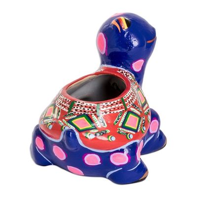 Alternate image for Hand-Painted Blue Ceramic Turtle Flower Pot from Guatemala Herbaceous Turtle