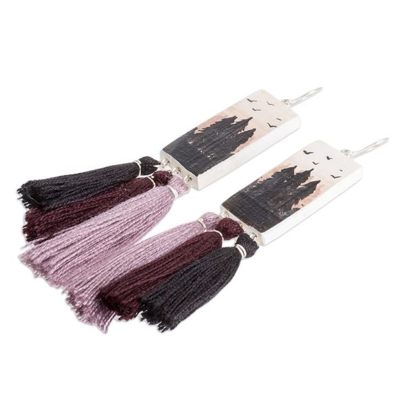Alternate image for Hand-Painted Cedarwood Dangle Earrings with Tassels Beloved Forests