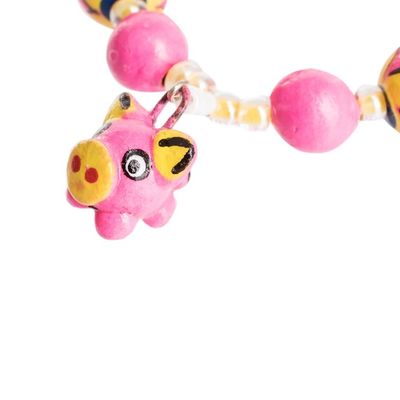 Alternate image for Handcrafted Ceramic Beaded Stretch Bracelet in Pink Little Pink Pigs