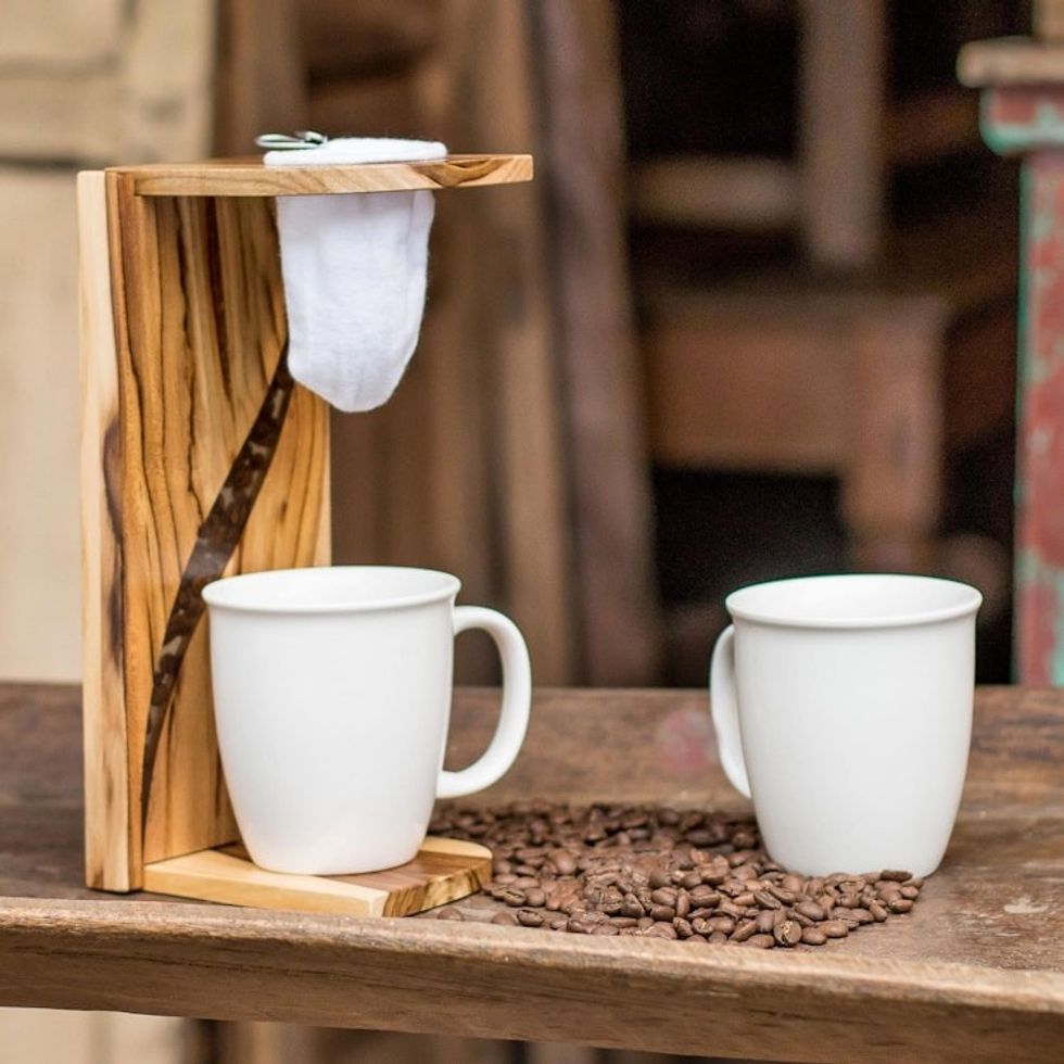 Teak Wood and Resin Single-Serve Drip Coffee Stand 'Fresh Beans'