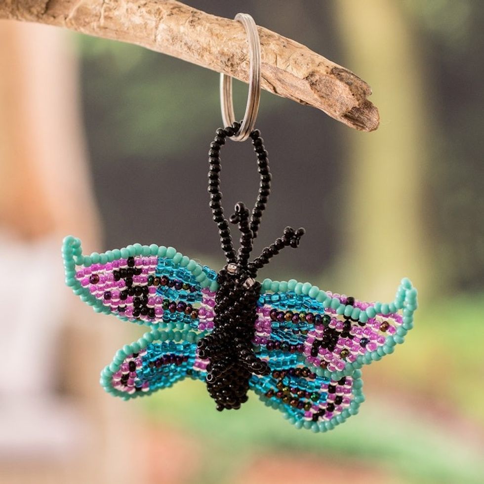 Turquoise and Purple Glass Beaded Butterfly Keychain 'Sweet Hopes'