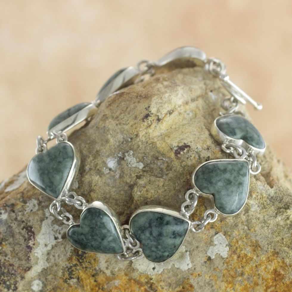 Heart Shaped Jade Sterling Silver Link Bracelet 'Love Immemorial'