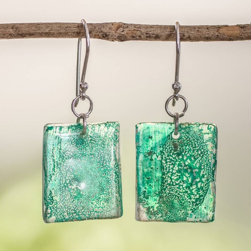Square Recycled CD Dangle Earrings in Blue from Guatemala 'Square Lakes'