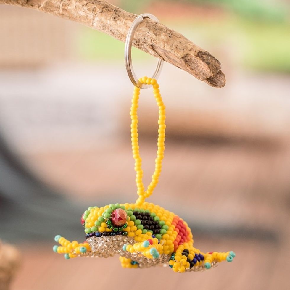 Handcrafted Glass Beaded Frog Keychain in Yellow Hues 'Leaping Yellow'