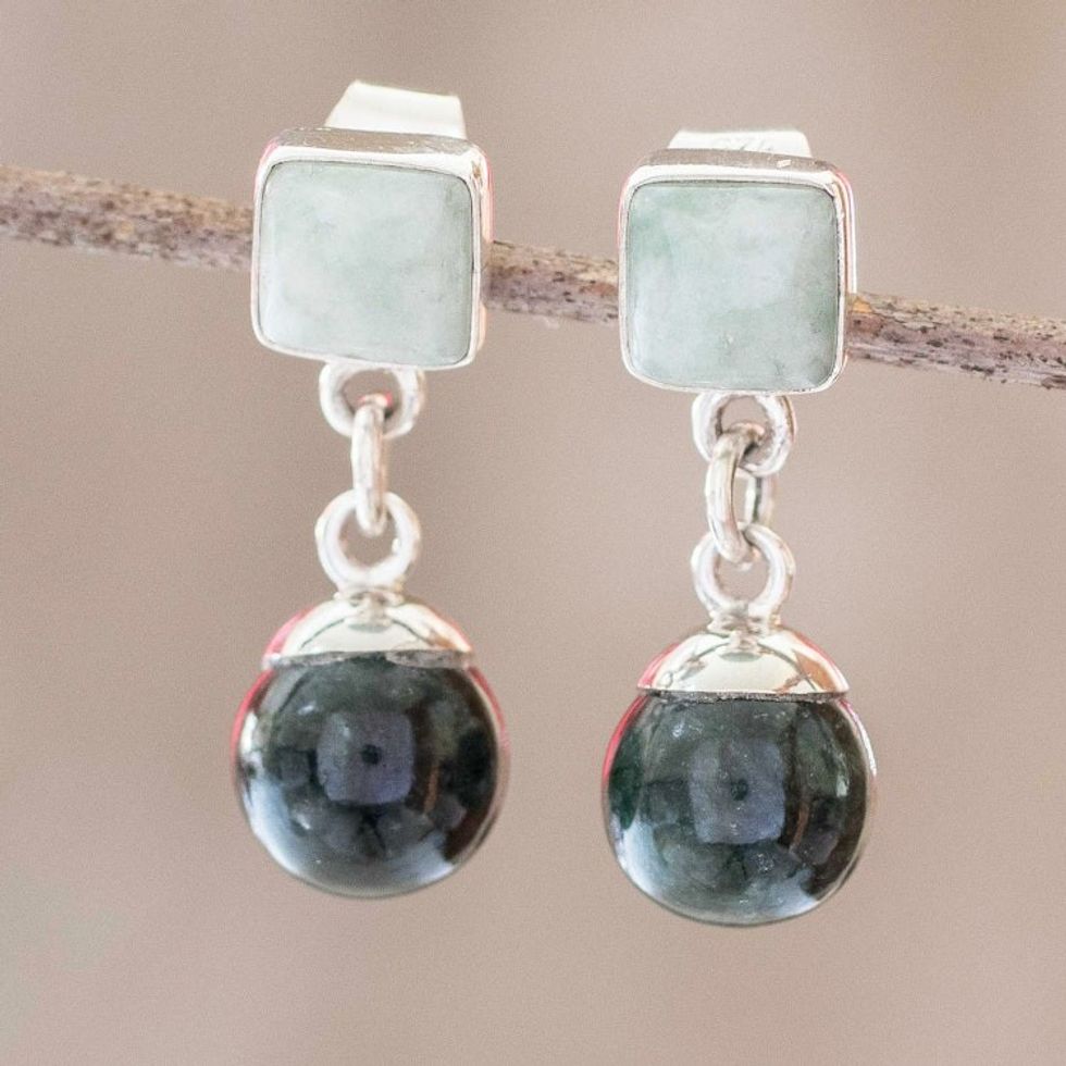 Light and Dark Green Jade Earrings 'Maya Geometry'