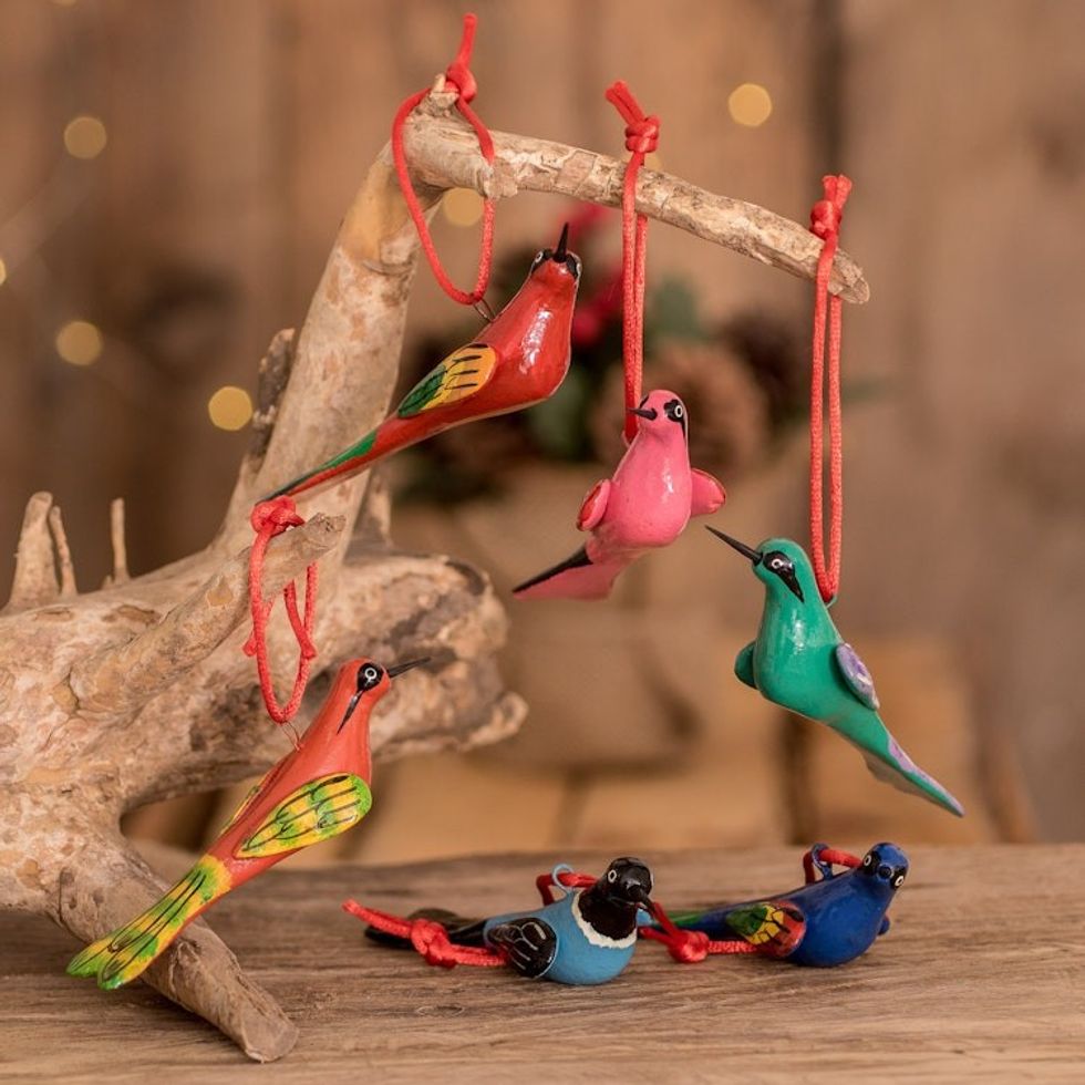 Hand-Painted Ceramic Bird Ornaments Set of 6 'Flight of Love'