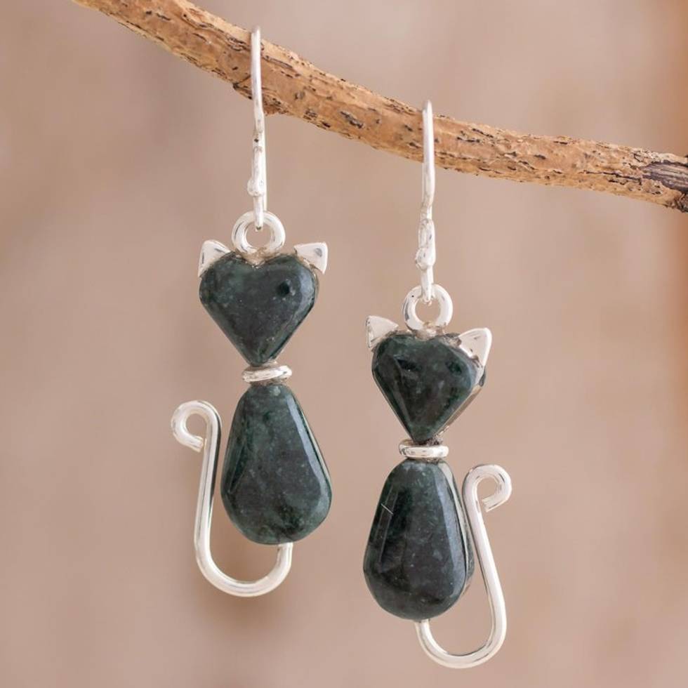 Jade Cat Dangle Earrings in Dark Green from Guatemala 'Cats of Love in Dark Green'