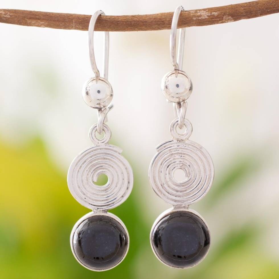 Black Jade Dangle Earrings from Guatemala 'Spiral of Life'