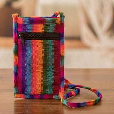 Alternate image for Striped Cotton Cell Phone Sling Bag Hand Woven in Guatemala Colorful Countryside Stripes
