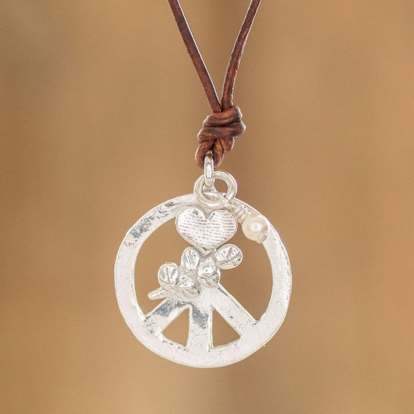 Alternate image for Cultured Pearl Necklace with Leather Cord and Silver Pendant Union of Peace