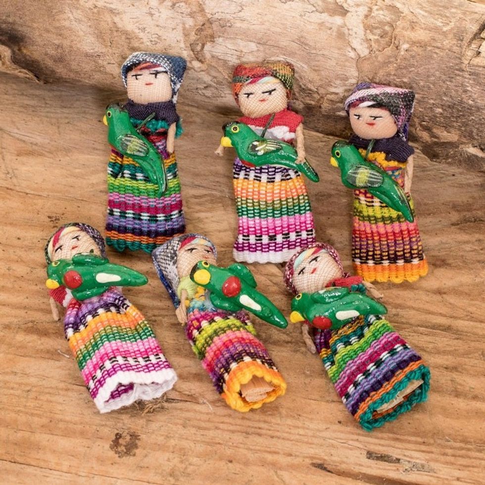 Guatemalan Set of 6 Handcrafted Cotton Decorative Dolls 'Bird Love'