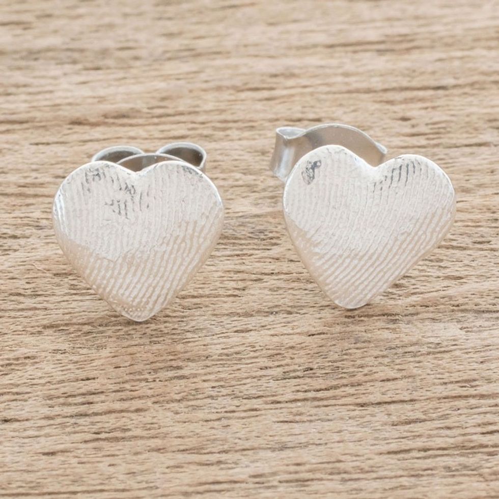 Heart-Shaped Fine Silver Stud Earrings from Guatemala 'Fingerprint of Love'