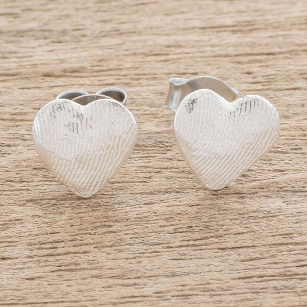 Alternate image for Heart-Shaped Fine Silver Stud Earrings from Guatemala Fingerprint of Love
