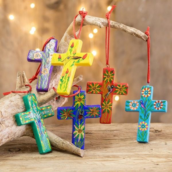 Alternate image for Handmade Ceramic Cross Christmas Ornaments Set of 6 Floral Crosses
