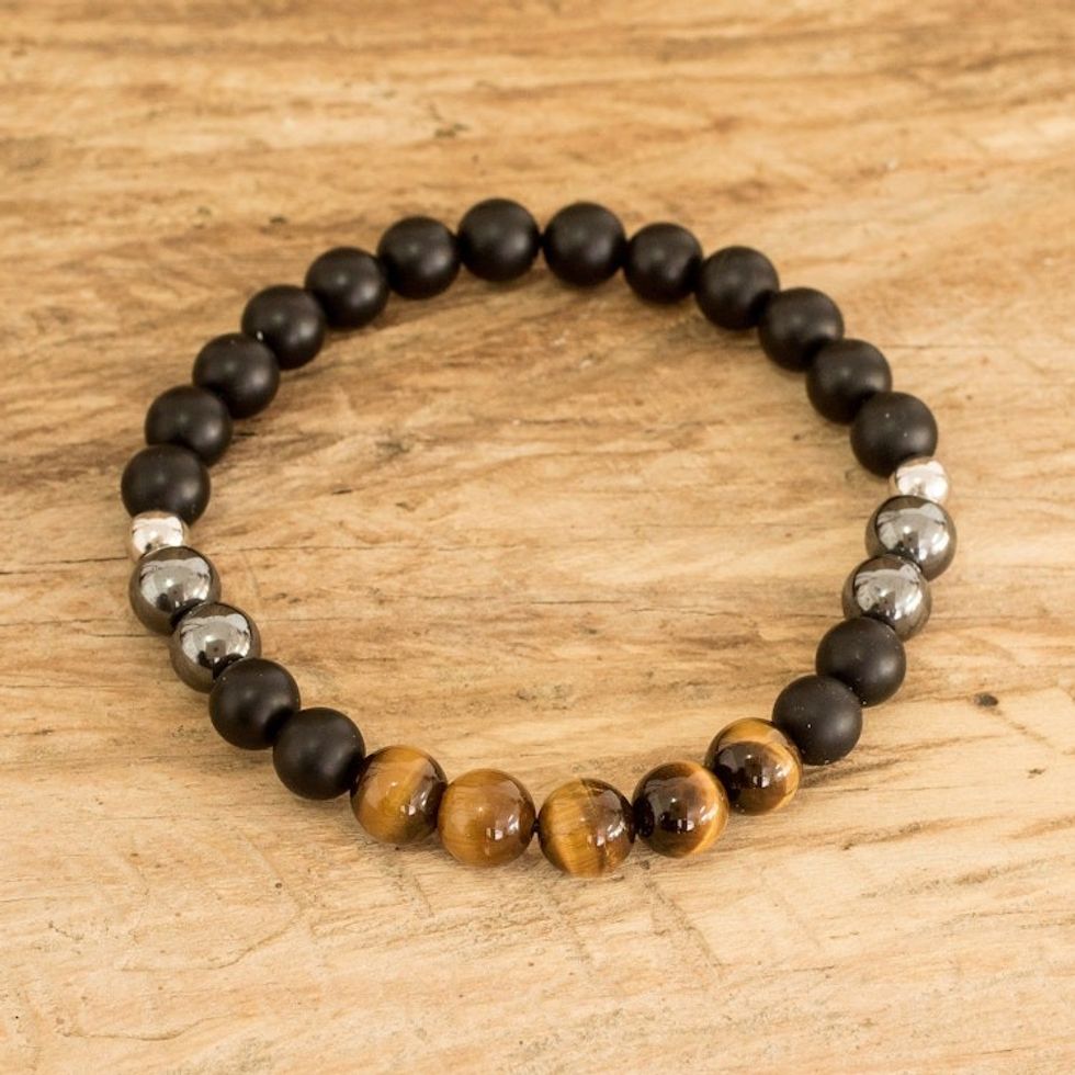 Men's Multi-Gemstone Beaded Bracelet with Tiger's Eye 'I Am Strength'