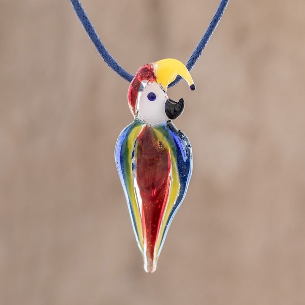 Handblown Glass Macaw Pendant Necklace from Costa Rica 'Beautiful Macaw'