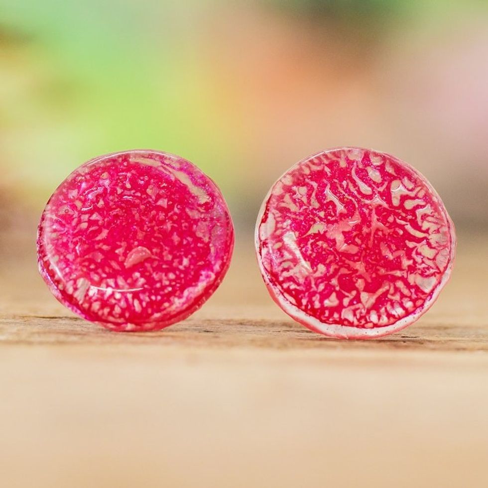 Handmade Fuchsia Recycled CD Stud Earrings with Silver Posts 'Fuchsia Translucent Illusion'