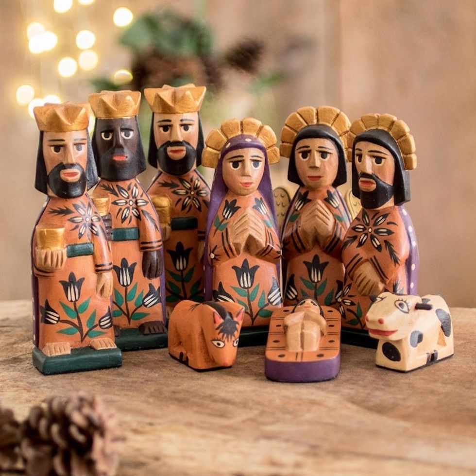 Hand Painted Wood Nativity Scene Medium, Set of 9 'Rejoice'