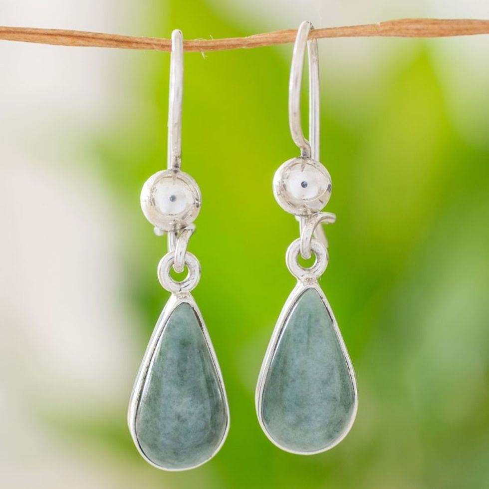 Fair Trade Sterling Silver Dangle Jade Earrings 'Pale Green Tears'