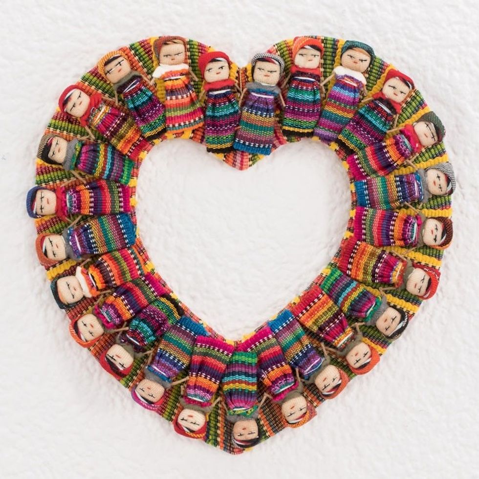 Heart-Shaped Cotton Worry Doll Wreath from Guatemala 'Quitapena Love'