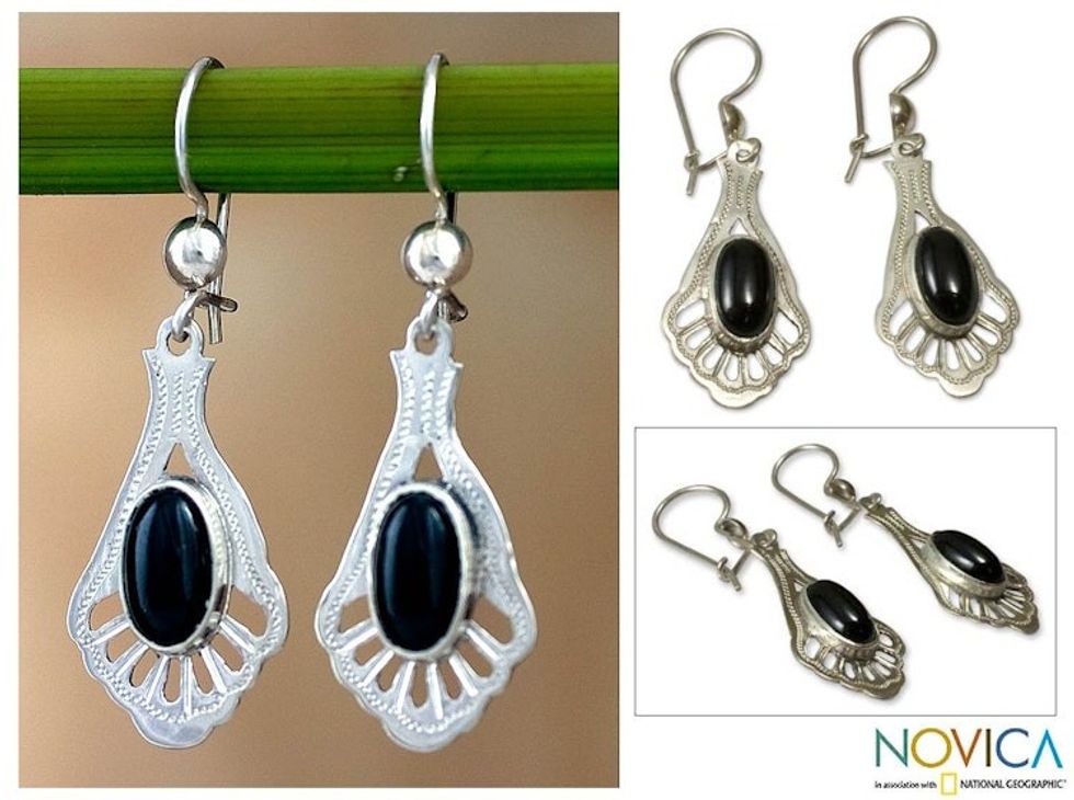 Unique Jade Dangle Earrings with Sterling Silver 'Black Peacock'