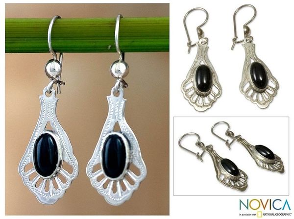 Alternate image for Unique Jade Dangle Earrings with Sterling Silver Black Peacock
