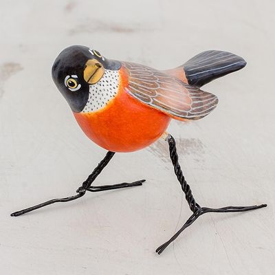 Alternate image for Artisan Crafted Robin Clay Bird Figurine from Guatemala Robin