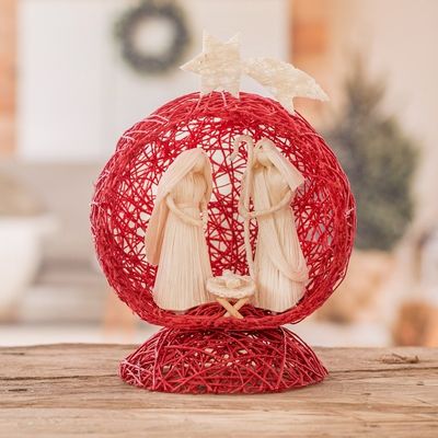 Alternate image for Red Handcrafted Natural Fiber Nativity Scene with Star Star Nativity in Red