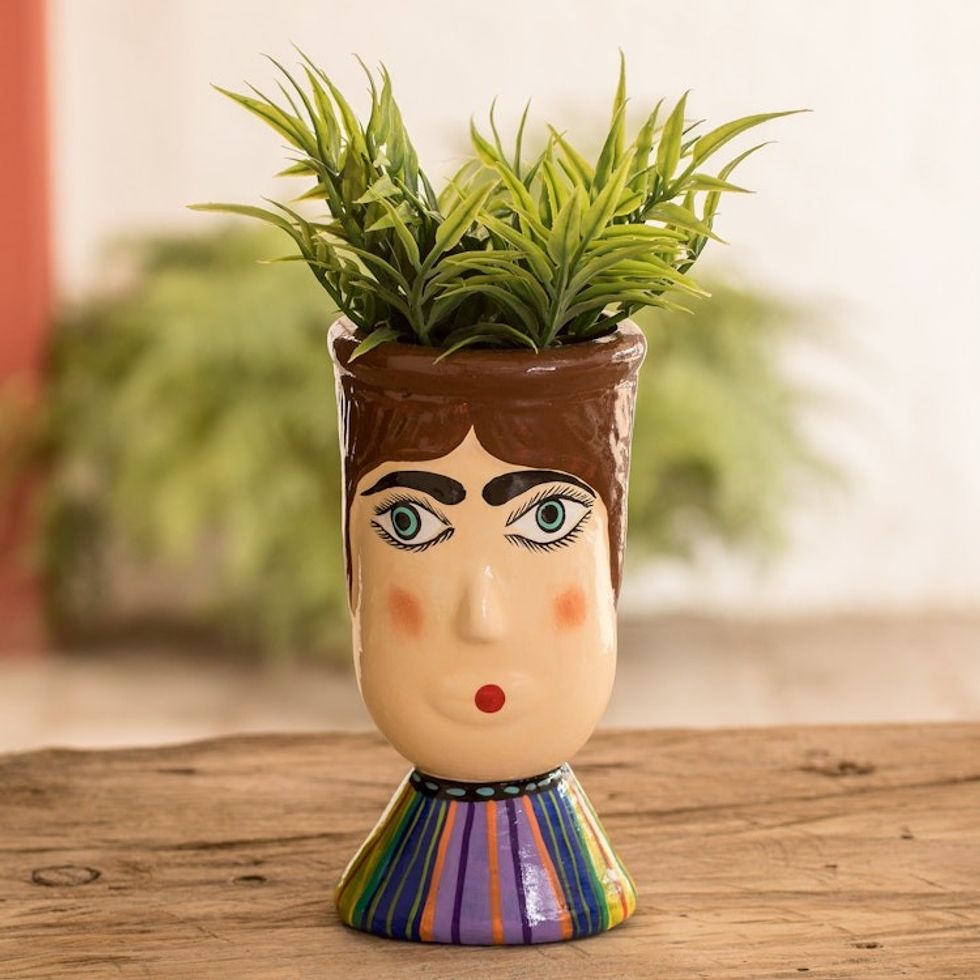 Hand-Painted Striped Ceramic Flower Pot from Guatemala 'San Felipe's Giant'