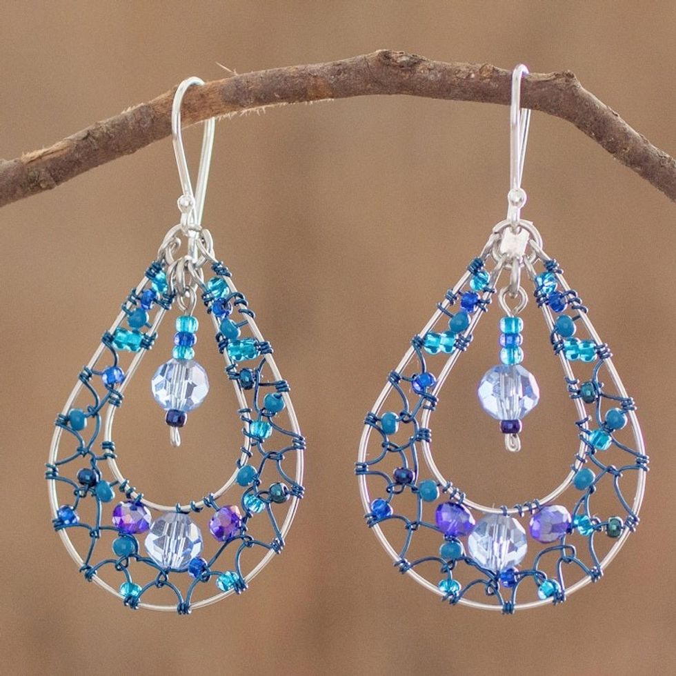 Double Drop Dangle Earrings With Blue Crystals and Filigree 'Celeste Sparkle'